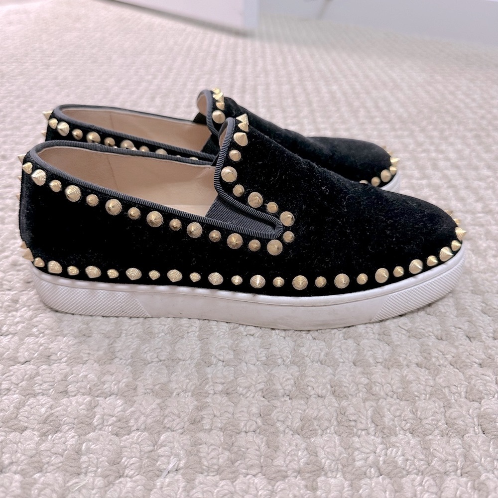 Christian Louboutin black velvet loafers with gold spikes. Very good condition.